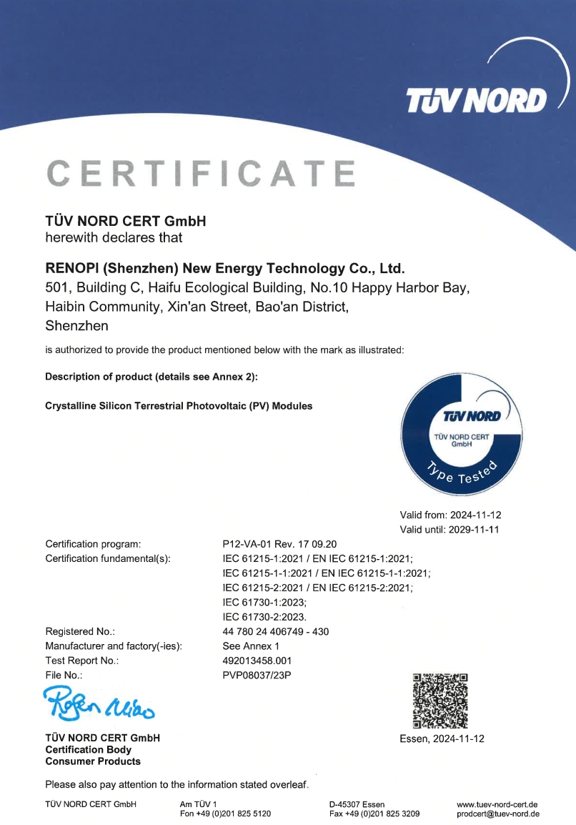 RENOPI Achieves TUV Certification for All PV Modules, Reinforcing Commitment to Quality and Innovation